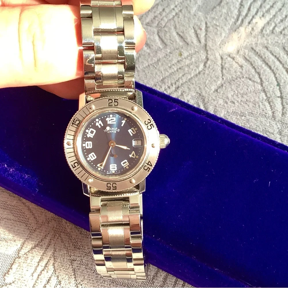 Hermes Silver Steel Bracelet Watch with Blue Dial